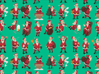 Pattern with Santa Claus, boxes, and Christmas tree. Vector illustration.