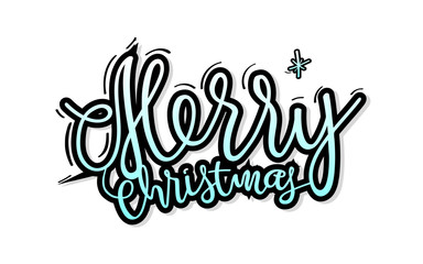 Blue text on white background. Merry Christmas and Happy New Year lettering for invitation and greeting card, prints and posters. Hand drawn inscription, calligraphic design. Vector illustration.