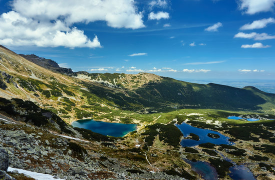 Rocky peaks and glacial lakes in the Tatras in Poland.