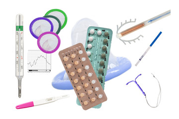 Birth Control symbol- IUD and contraceptive Pills and Condomon white