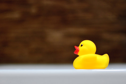 Children's rubber ducky in the bathtub. Baby bathing concept.