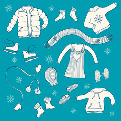 Collection of hand drawn winter clothing items:scarf, dress, gloves, hat