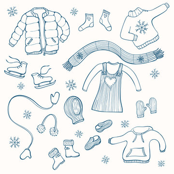Collection of hand drawn winter clothing items:scarf, dress, gloves, hat