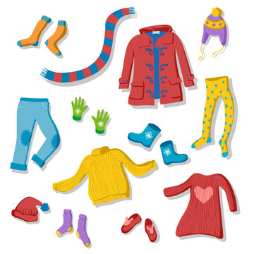 Clooection of flat style winter clothing items: scarf, gloves, hat, dress, earrmuffs