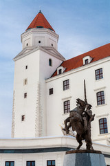 Naklejka na ściany i meble Statue of prince Svatopluk on horse in front of Bratislava castle, Slovakia