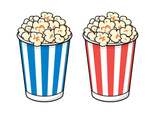 Popcorn in blue and red striped bucket boxes isolated.