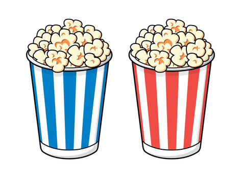 Popcorn in blue and red striped bucket boxes isolated.
