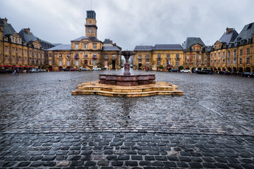 Central fountain and panoramic view on place Ducale in Charleville-Mezieres, France - 182758306