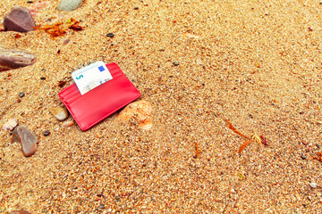 Fototapeta na wymiar The lost purse on the seashore.