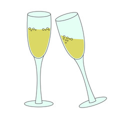 two tall glasses of sparkling wine champagne bubbly - concept of new year eve toast or celebration, simple vector illustration
