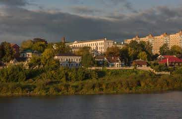 View of Polotsk from the river Western Dvina. The historic city centre. Nizhne - Pokrovskaya street. Vitebsk region, Belarus. Evening photo.