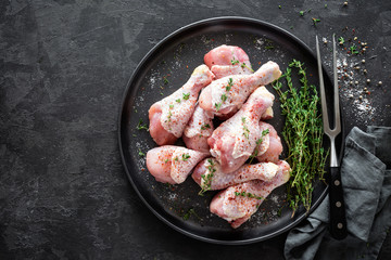 Raw marinated chicken meat, chicken legs