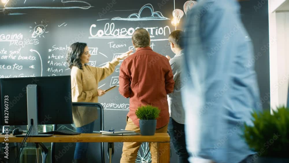 Poster Female Developer with Tablet Computer Talks to Programer and Project Manager, They use Blackboard Wall as a Project Plan.  Shot on RED EPIC-W 8K Helium Cinema Camera.