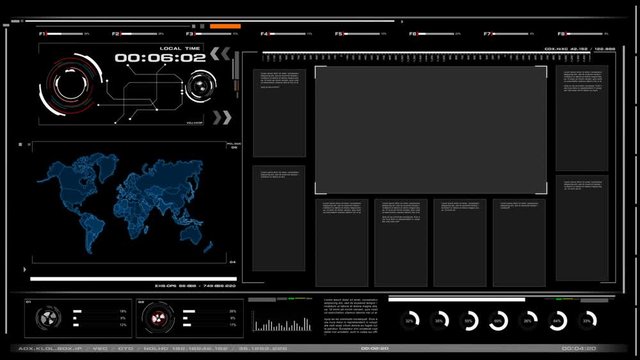 4K Animation UI User Interface with world map data HUD pi bar text box table and element on dark abstract background for futuristic technology concept