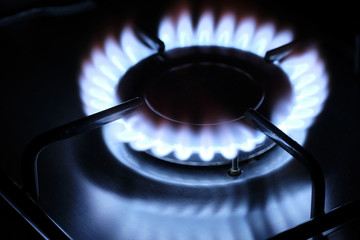 Gas fire of a stove in a dark