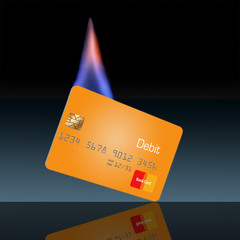 A credit card on fire illustrates the task of replacing a damaged, lost or stolen credit card.