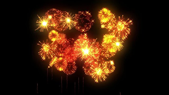 Yellow fireworks as holidays background for New Year, Christmas or other holydays. Beautiful gold firecrackers show are isolated on black ready for compositing. 3d animation pyrotechnic light show.11