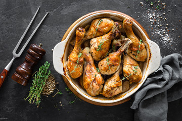 Baked chicken legs. top view