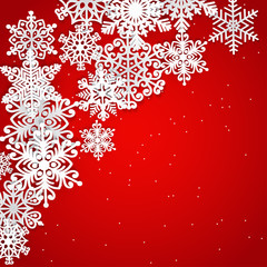Vector illustration abstract Christmas background with volumetric snowflakes. Winter paper art design. 3D snowflakes with shadow. Xmas and new year card template