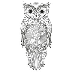 Owl. Zen art. Design Zentangle. Detailed hand drawn vintage owl with abstract patterns on isolation background. Design for spiritual relaxation for adults. Black and white illustration for coloring. 