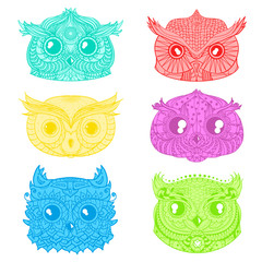 Owls. Heads. Design Zentangle. Hand drawn owl with abstract patterns on isolation background. Design for spiritual relaxation for adults. Outline for tattoo, printing on t-shirts, posters
