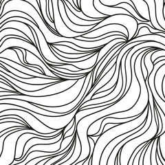 Hair texture. Monochrome wave pattern. Background. Hand drawn lines. Doodle for design. Line art. Illustration for coloring. Design for spiritual relaxation for adults. Black and white wallpaper