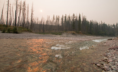 Sunset over the South Fork of the Flathead River at Meadow Creek Gorge in the Bob Marshall...