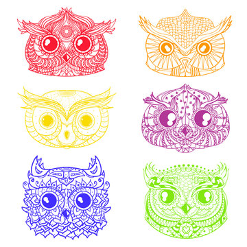 Owls. Heads. Design Zentangle. Hand drawn owl with abstract patterns on isolation background. Design for spiritual relaxation for adults. Outline for tattoo, printing on t-shirts. Doodles for icons