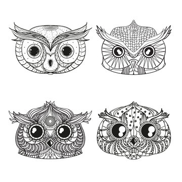 Owls. Heads. Design Zentangle. Hand drawn owl with abstract patterns on isolation background. Design for spiritual relaxation for adults. Outline for tattoo, printing on t-shirts, posters and other