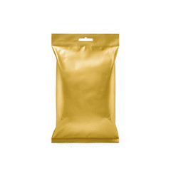 Gold Foil Blank paper pillow food snack bag isolated on white background. Packaging template mockup collection. With clipping Path included. Chips paper package. Front view