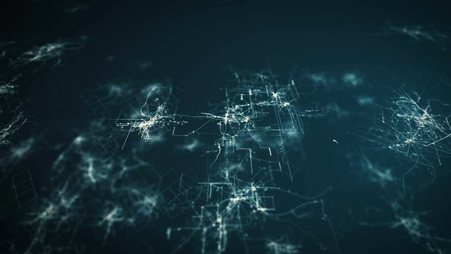 Lines drawn by bright spots eventually create an abstract image of a circuit board