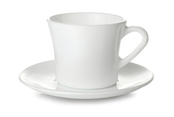 Empty white ceramic cup and saucer, isolated on white background.