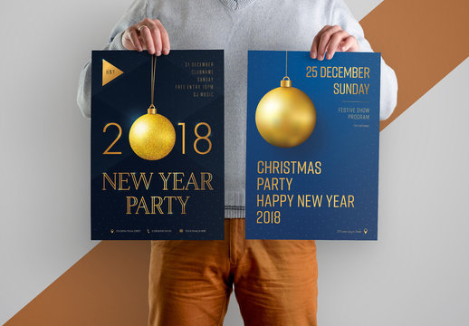 Christmas and New Year Party Flyer Set with Gold Ornament Element 2