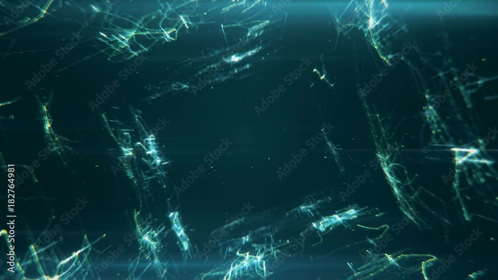 Poster flying in an abstract tunnel from the lines and points forming a drawing of circuits