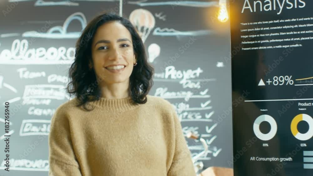 Aufkleber Female Project Manager Smiles and Shows Statistical Graphs and Charts on the Interactive White Board. Shot on RED EPIC-W 8K Helium Cinema Camera.