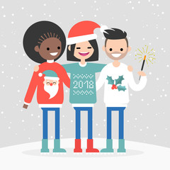 Fototapeta premium A group of multiracial friends celebrating the winter holidays. New year and Christmas. Seasonal celebration. Clip art, flat vector.