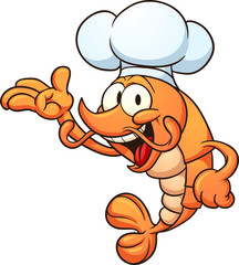 Cartoon chef shrimp. Vector clip art illustration with simple gradients. All in a single layer.