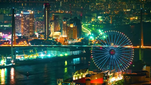 Time-lapse of Osaka Bay with ferris wheel at night