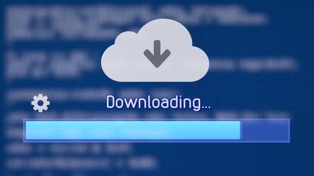 Downloading a file or resource from the cloud. Blue source code scrolling background.
