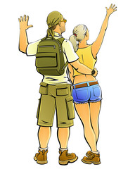 A guy with a girl waving their hands, meeting or failing someone. Back view.