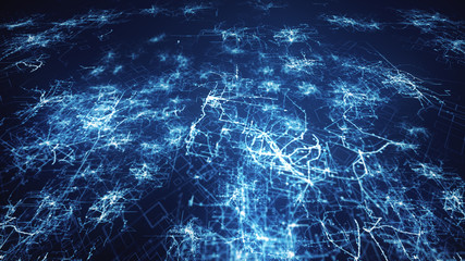 Lines drawn by bright spots eventually create an abstract image of a circuit board on a blue background. It may represent electronic connections, communication, futuristic technology. 3d illustration