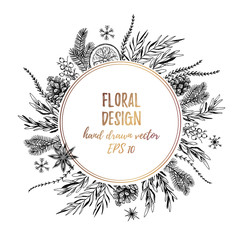 Vector illustrations - Winter gold label with fir branches and other floral elements. Hand drawn Christmas frame. Perfect for invitations, greeting cards, tattoo, prints, postcards etc