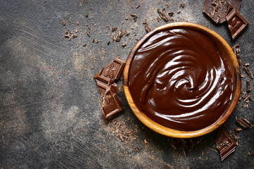 Chocolate ganache in a wooden bowl .Top view with copy space.