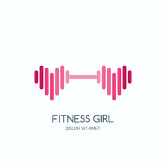 Female fitness gym concept. Vector logo, label, icon or emblem with pink dumbbell heart shape. Design for woman sports club, workout and bodybuilding.