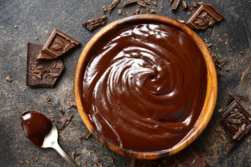 Chocolate ganache in a wooden bowl .Top view with copy space.