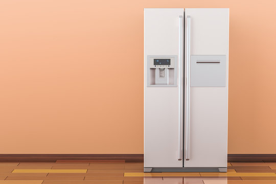 Modern fridge with side-by-side door system in the room, 3D rendering