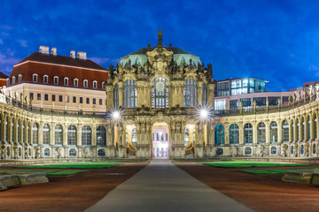 Palace in Rococo style and Zwinger at night in Dresden, Saxony, eastern Germany