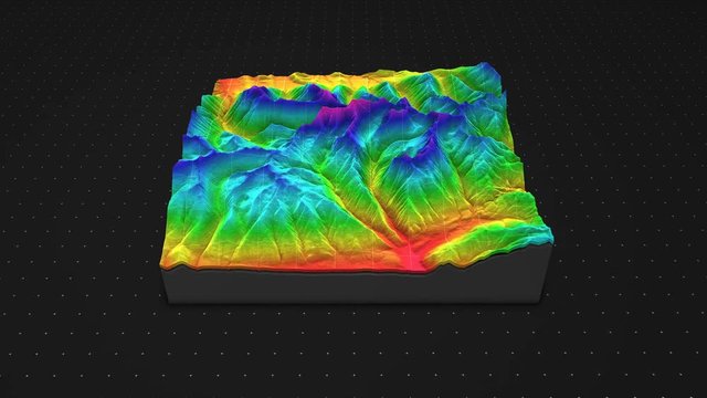3d render of a soil slice, mountains isolated on dark background. cross section of ground relief with mountains and meadows.	