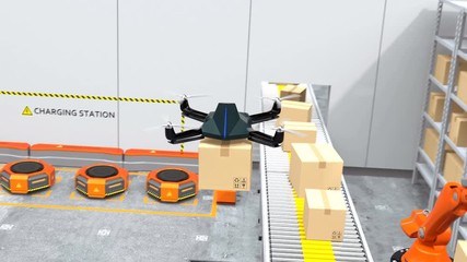 Drone delivery goods in modern warehouse. Robotic arm picking parcels to robot carriers. Modern delivery center concept. 3D rendering animation.
