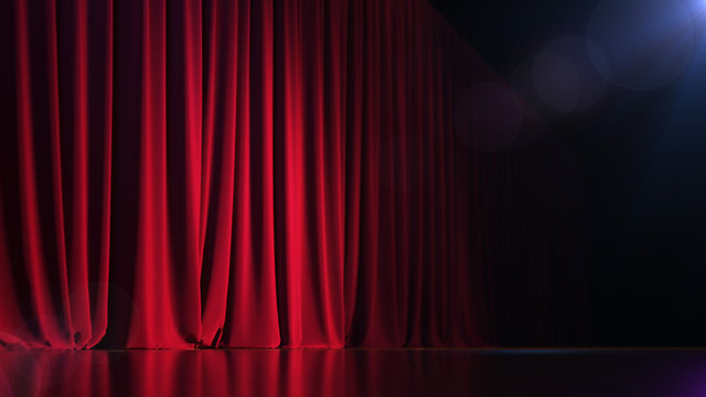 Dark empty stage with rich red curtain. 3d render